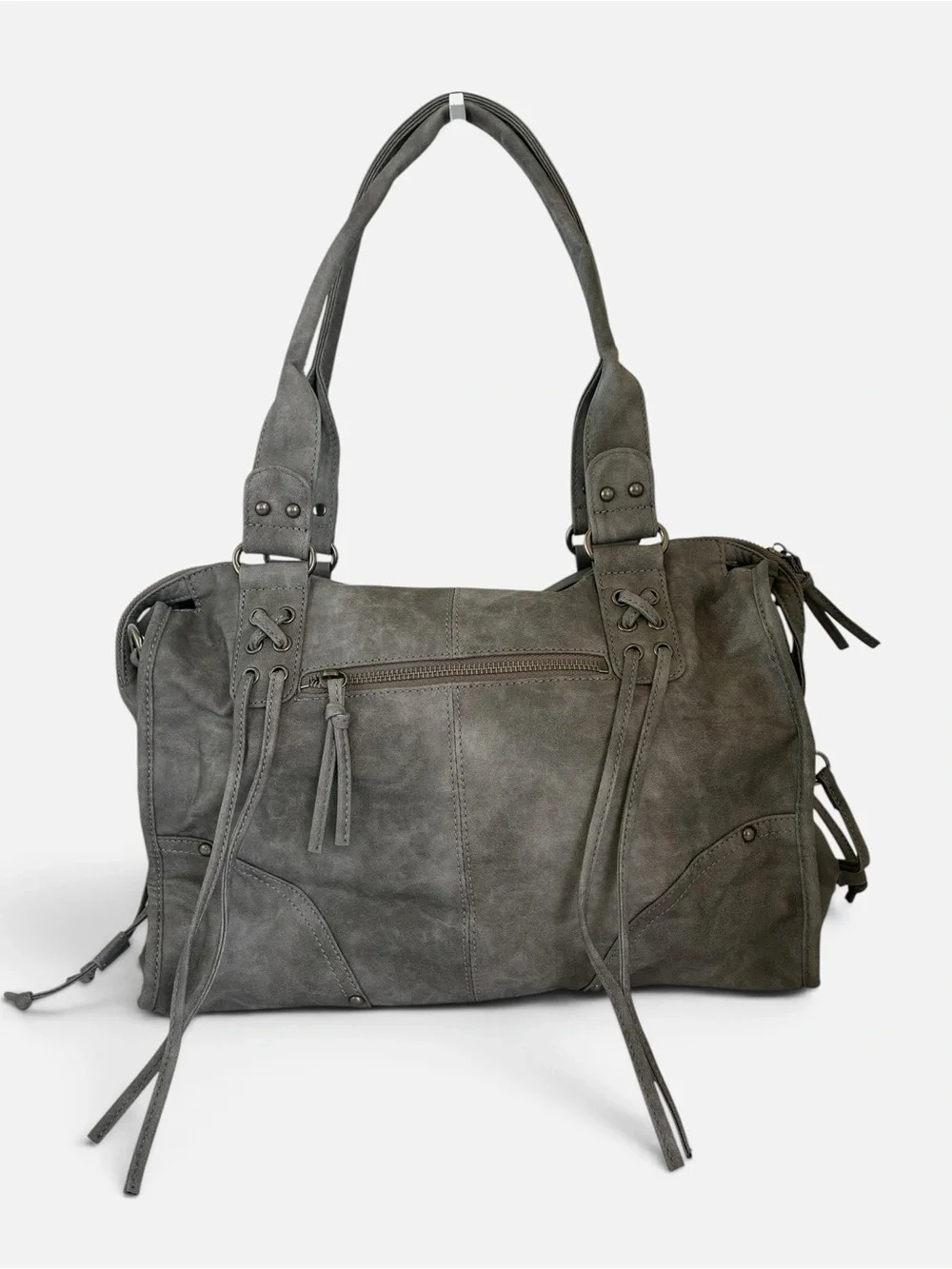 Gray Leather Large Shoulder Tote Bag Lace-Up Stud Detail – New Without Tags